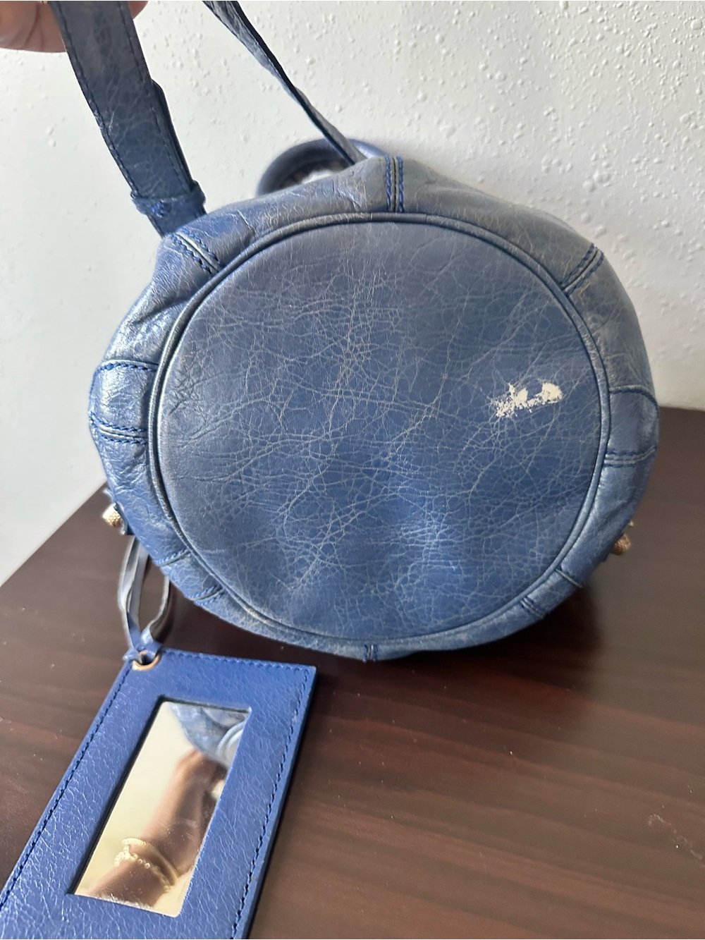 Balenciaga Distressed Blue Leather Drawstring Mini Bucket Bag - Picture 3 of 6